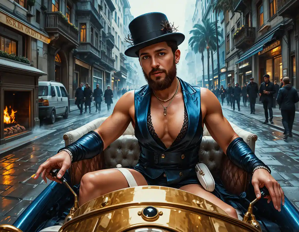 Homem barbudo de terno preto dirigindo um carro urbano vintage