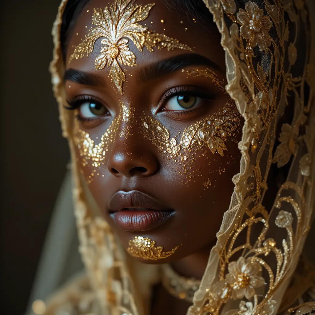 Glitter covered woman in lace veil extreme close up portrait