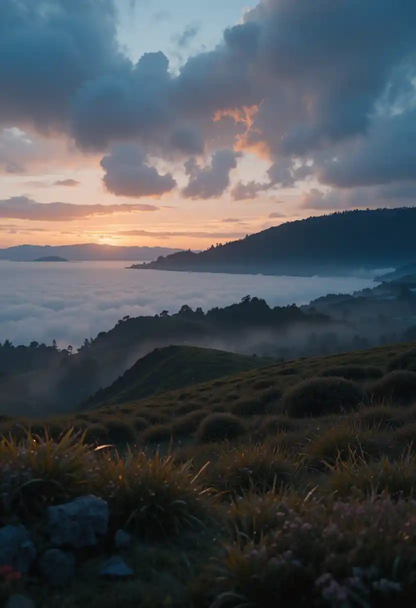Peaceful dawn over coastal fields on San Juan Island