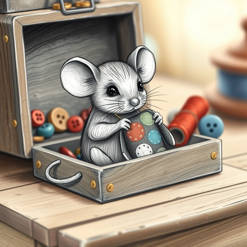 Rato de carvão costurando um brinquedo em uma caixa de costura aconchegante