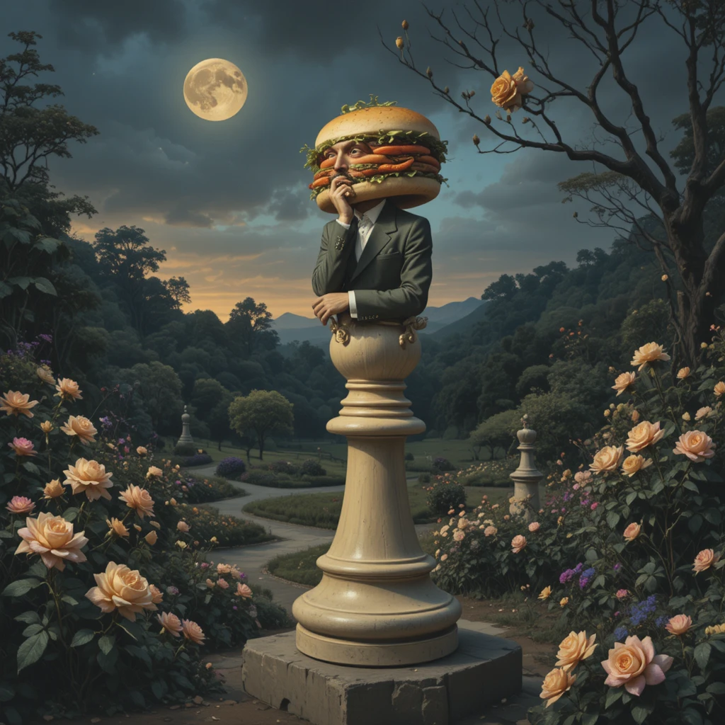 Surrealer Philosoph mit Sandwichkopf auf einer riesigen Schachfigur