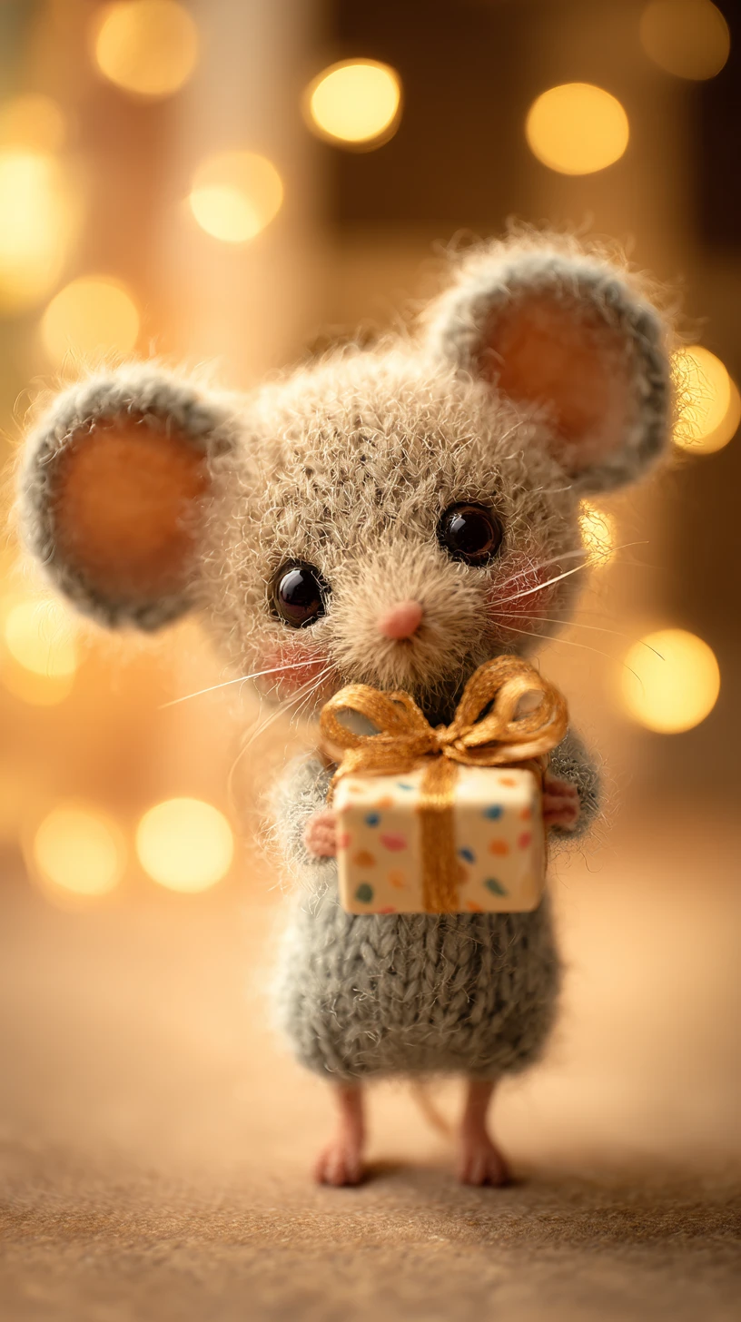 Ratinho fofo em estilo brinquedo oferecendo um pequeno presente de aniversário