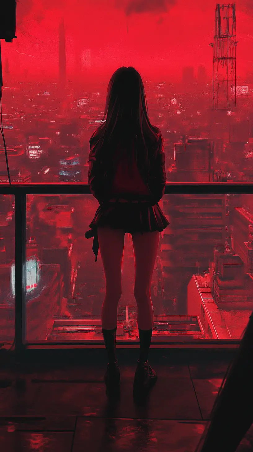 紅色城市景觀中陽台上的少女