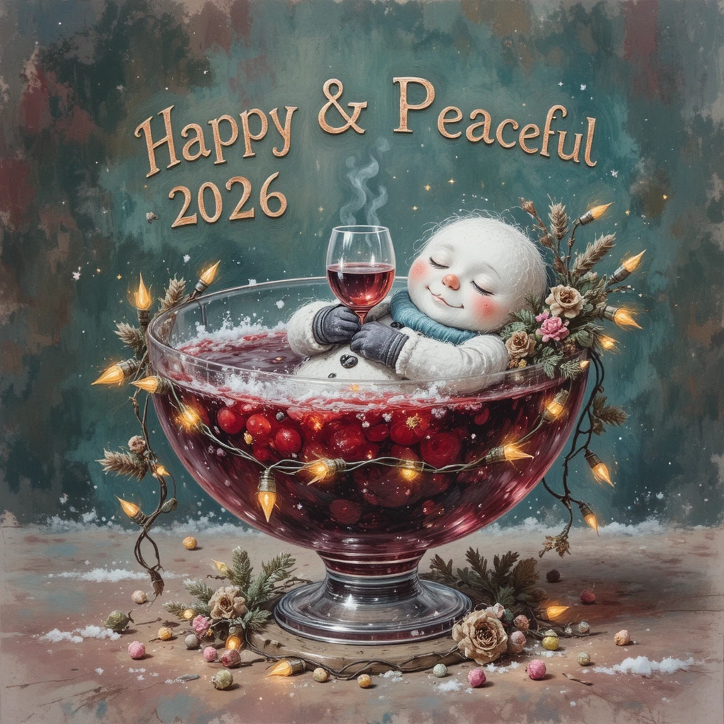 Bonhomme de neige ivre dormant dans un bol de vin avec guirlande lumineuse