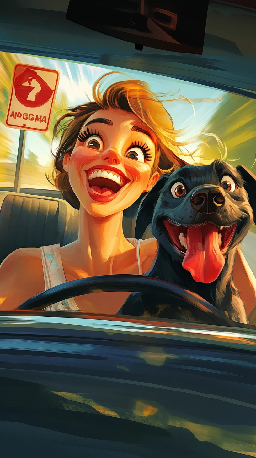 Cheerful woman driving with black dog in cartoon car