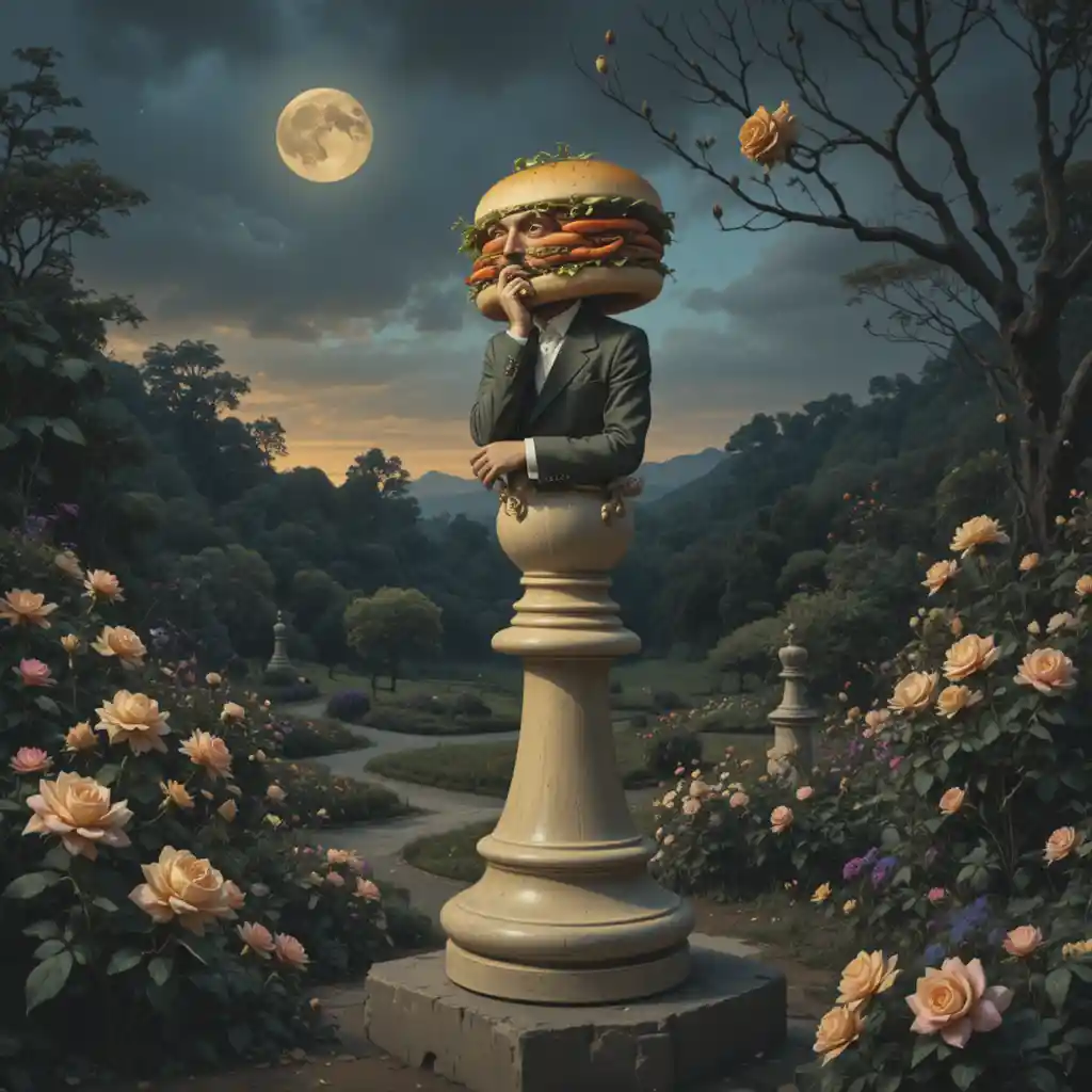 Surrealer Philosoph mit Sandwichkopf auf einer riesigen Schachfigur