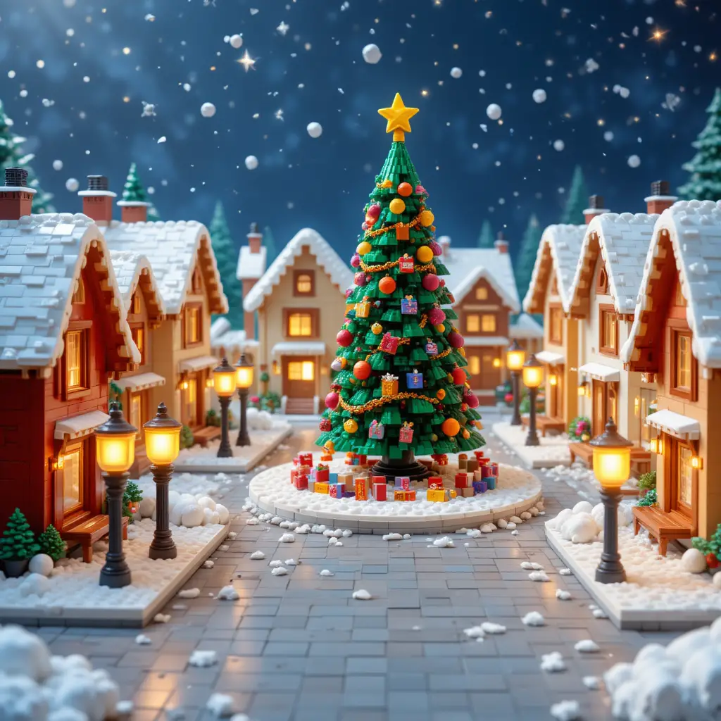 Acogedor pueblo navideño de Lego con casas nevadas y árbol
