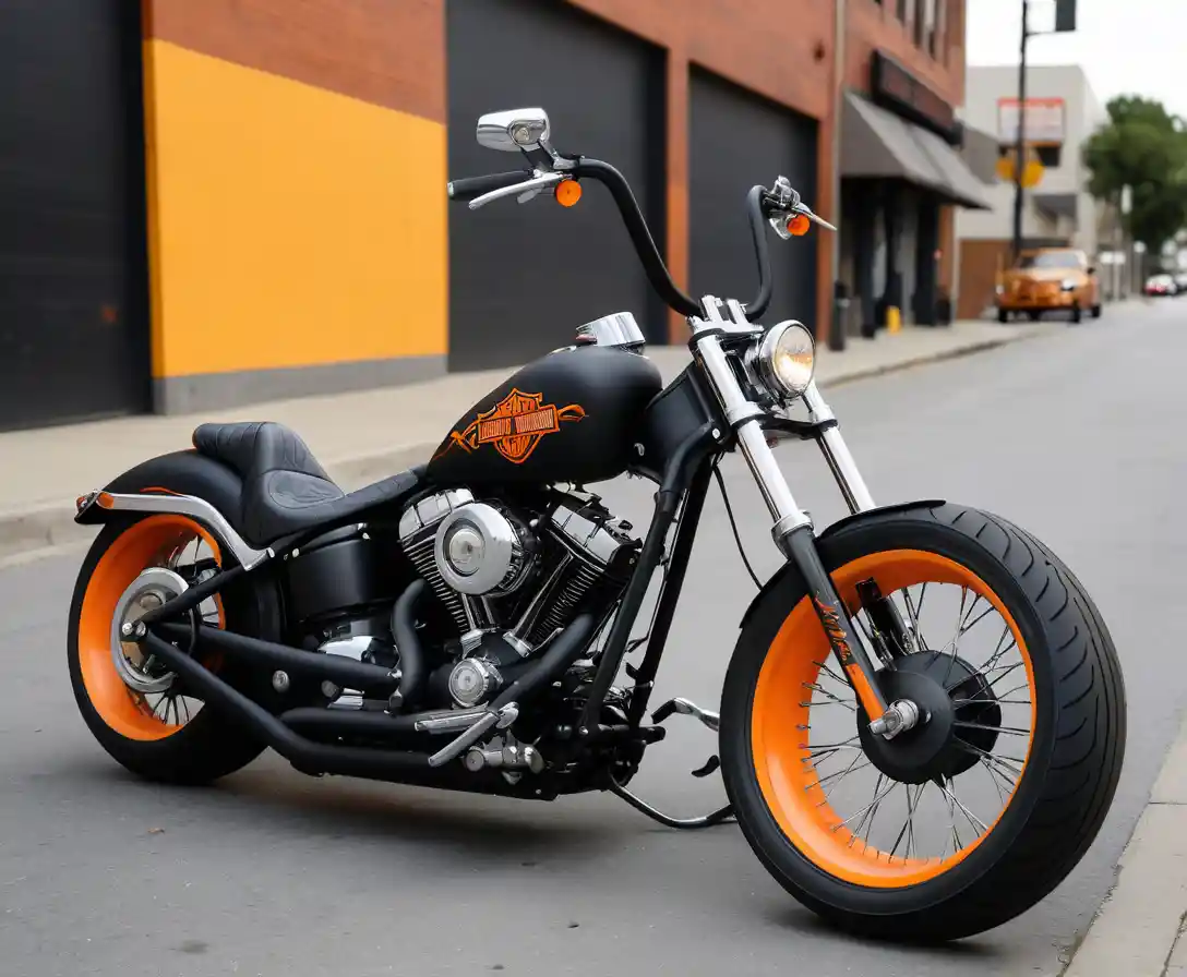 Mattschwarzer Custom-Chopper mit flammendem Tank auf der Straße