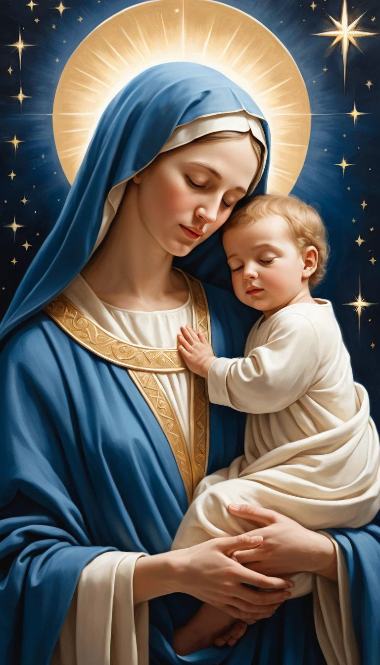 Mary Holding Infant Jesus In A Peaceful Christmas Night Scene