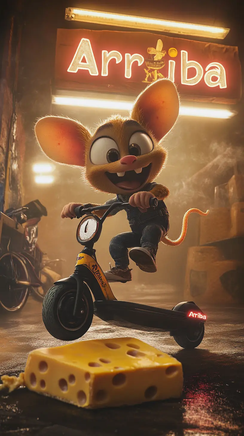 Cartoon-Maus rast auf einem E-Scooter und zerquetscht Käse