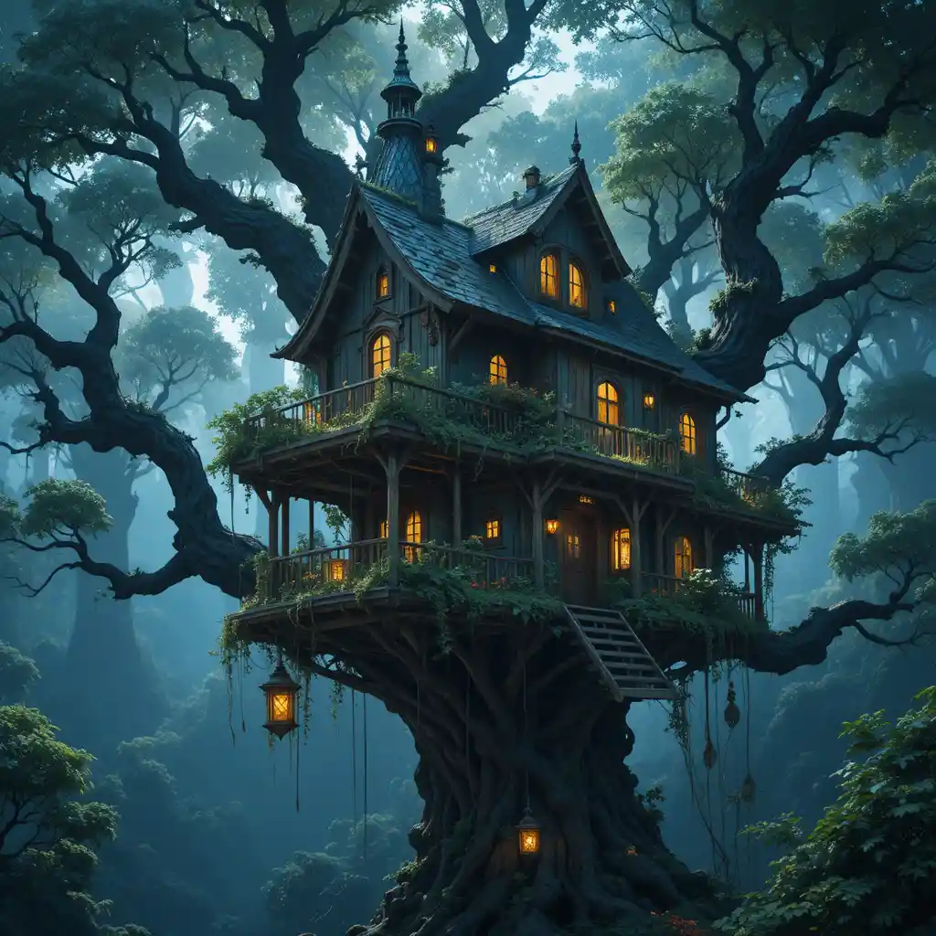 Magical treehouse nestled high in an ancient glowing tree