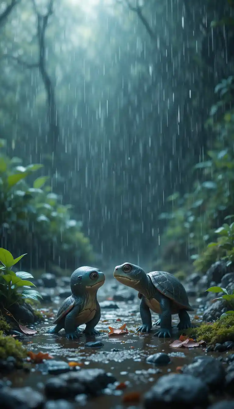 Two cute small turtles standing together in the rain