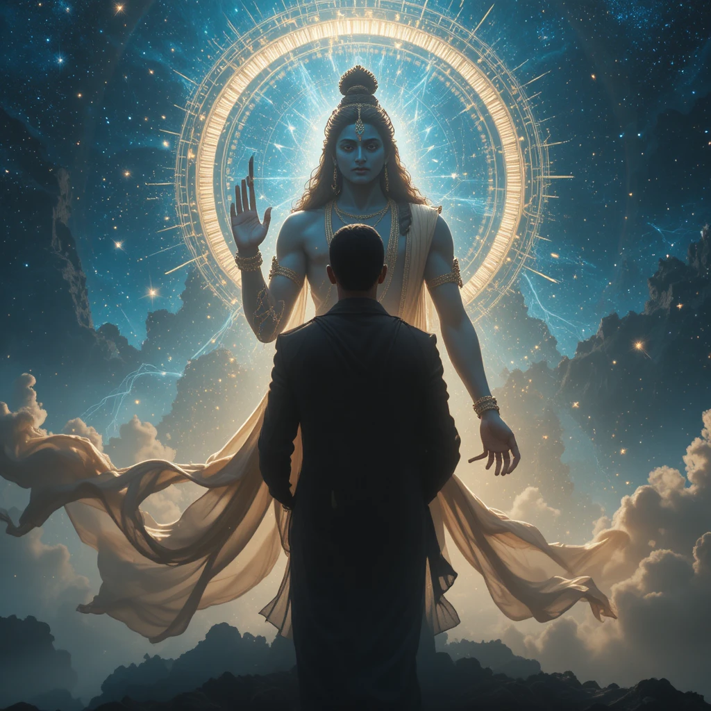 Figure divine guidant une silhouette humaine dans l’espace cosmique