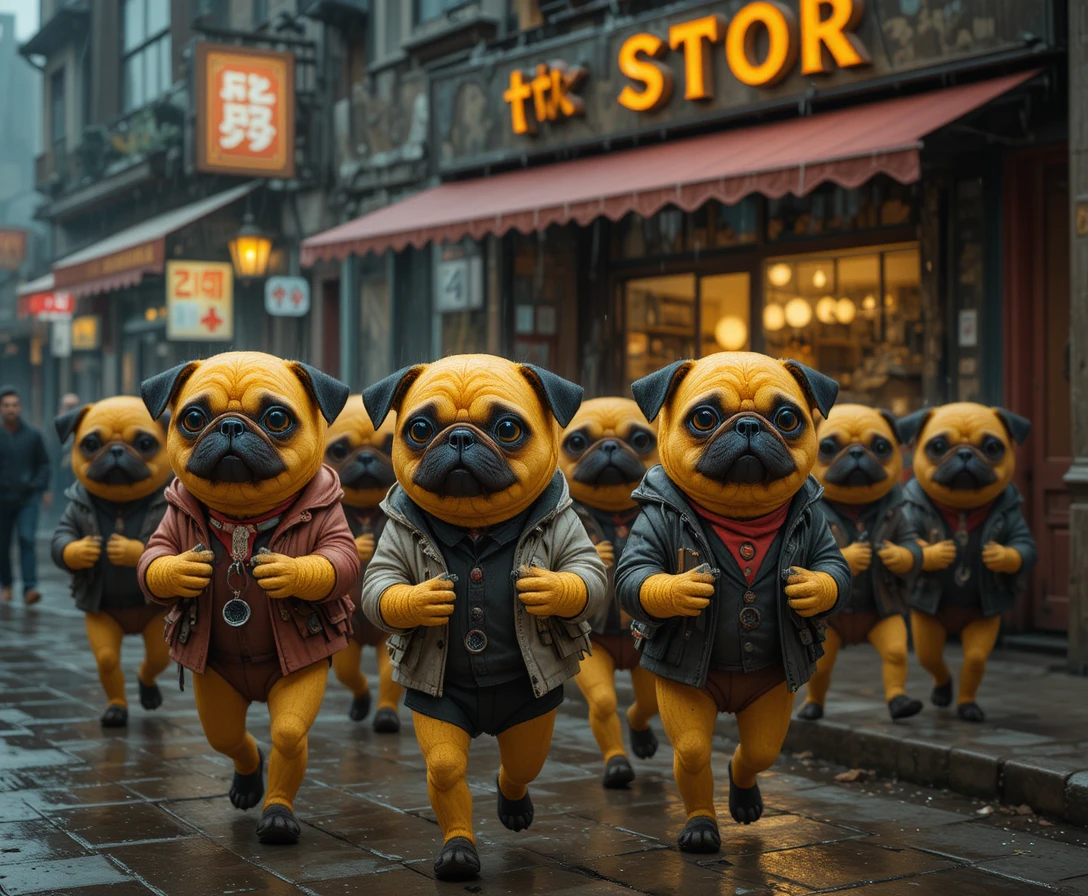 Créatures de dessin animé courant dans une rue de ville sous la pluie
