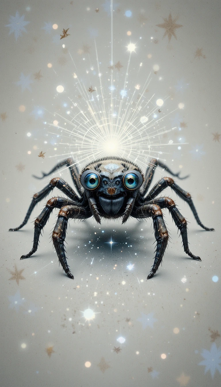 Araña sonriente y fantasiosa con ojos brillantes sobre fondo blanco