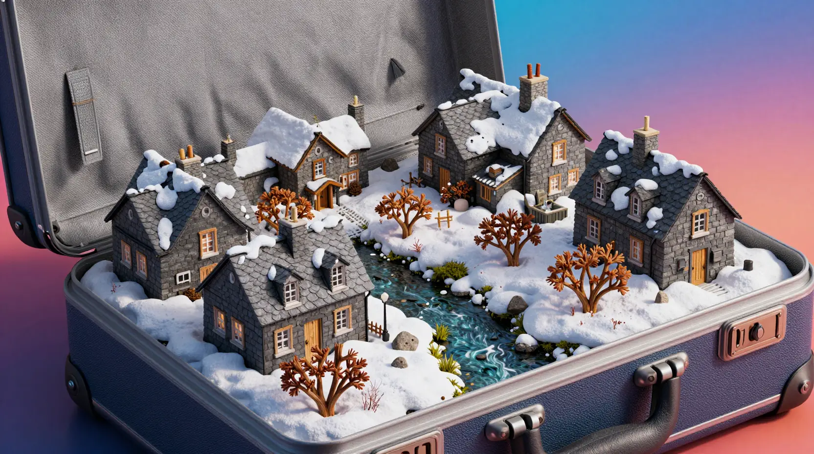 Valigia aperta che rivela un mondo di villaggio innevato in miniatura