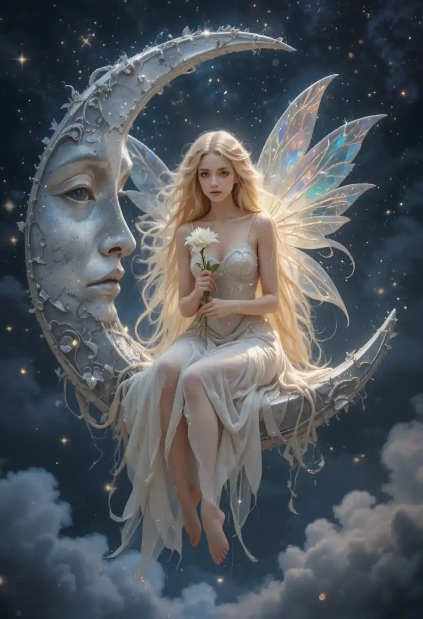 Fairy With Iridescent Wings Sitting On A Crescent Moon