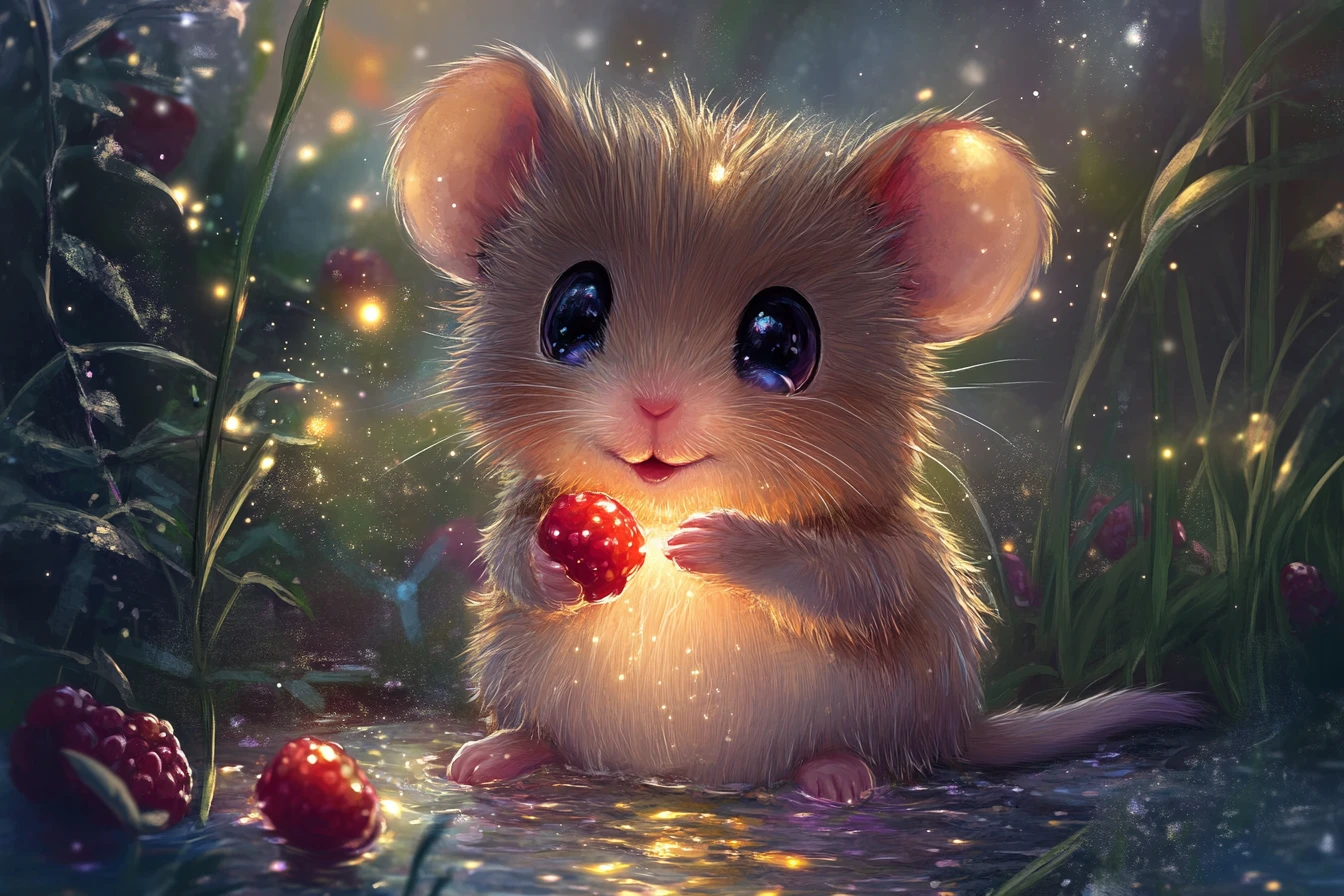 Arvicola di riva chibi gioiosa che tiene una bacca luminosa