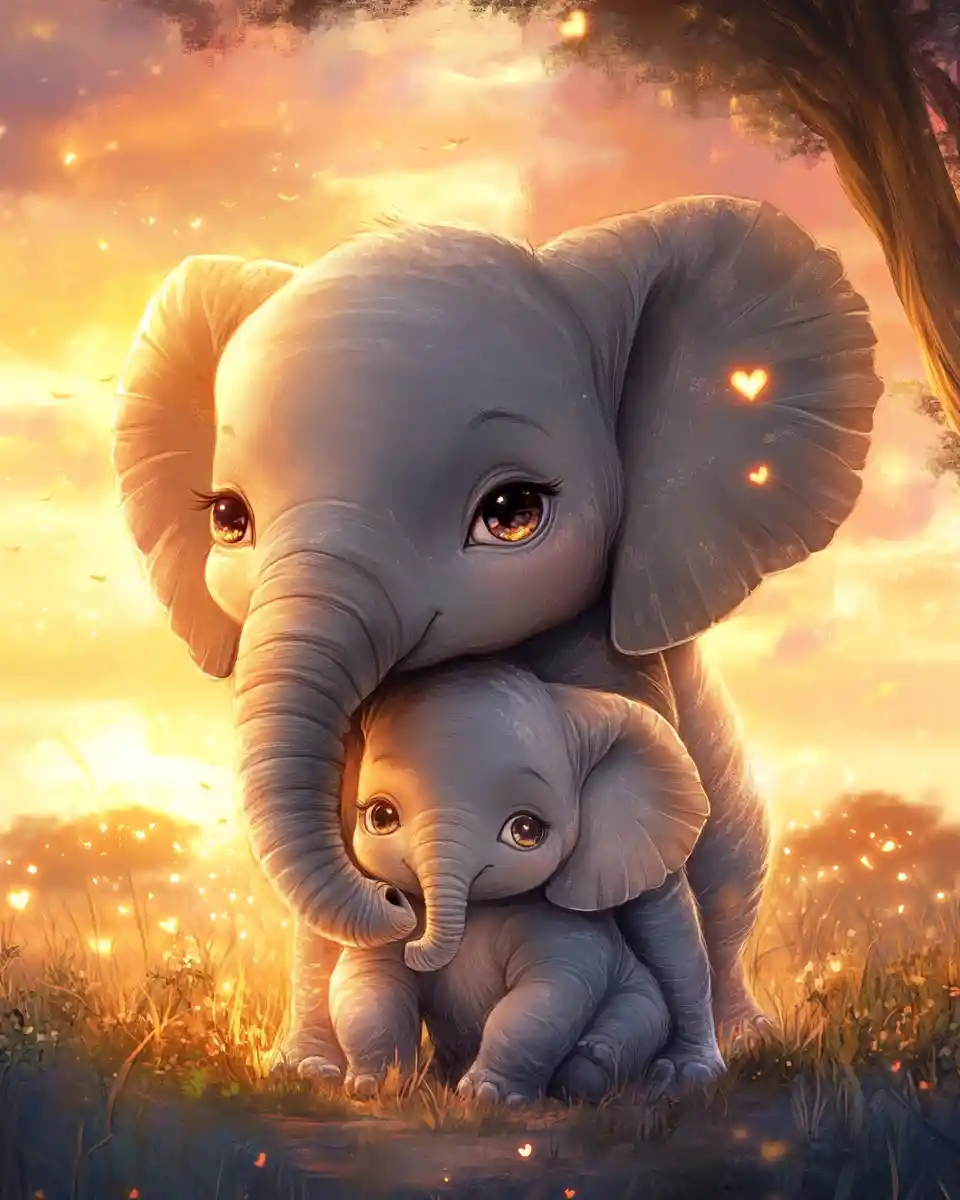 Mãe elefante carinhosa abraçando o filhote na savana ao pôr do sol