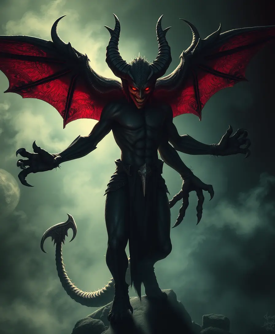 超現實奇幻境界中誘惑陰影的神祕惡魔