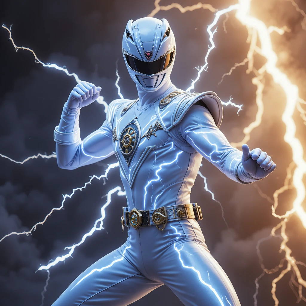 Super-herói de armadura branca em pose de kung fu com relâmpagos elétricos