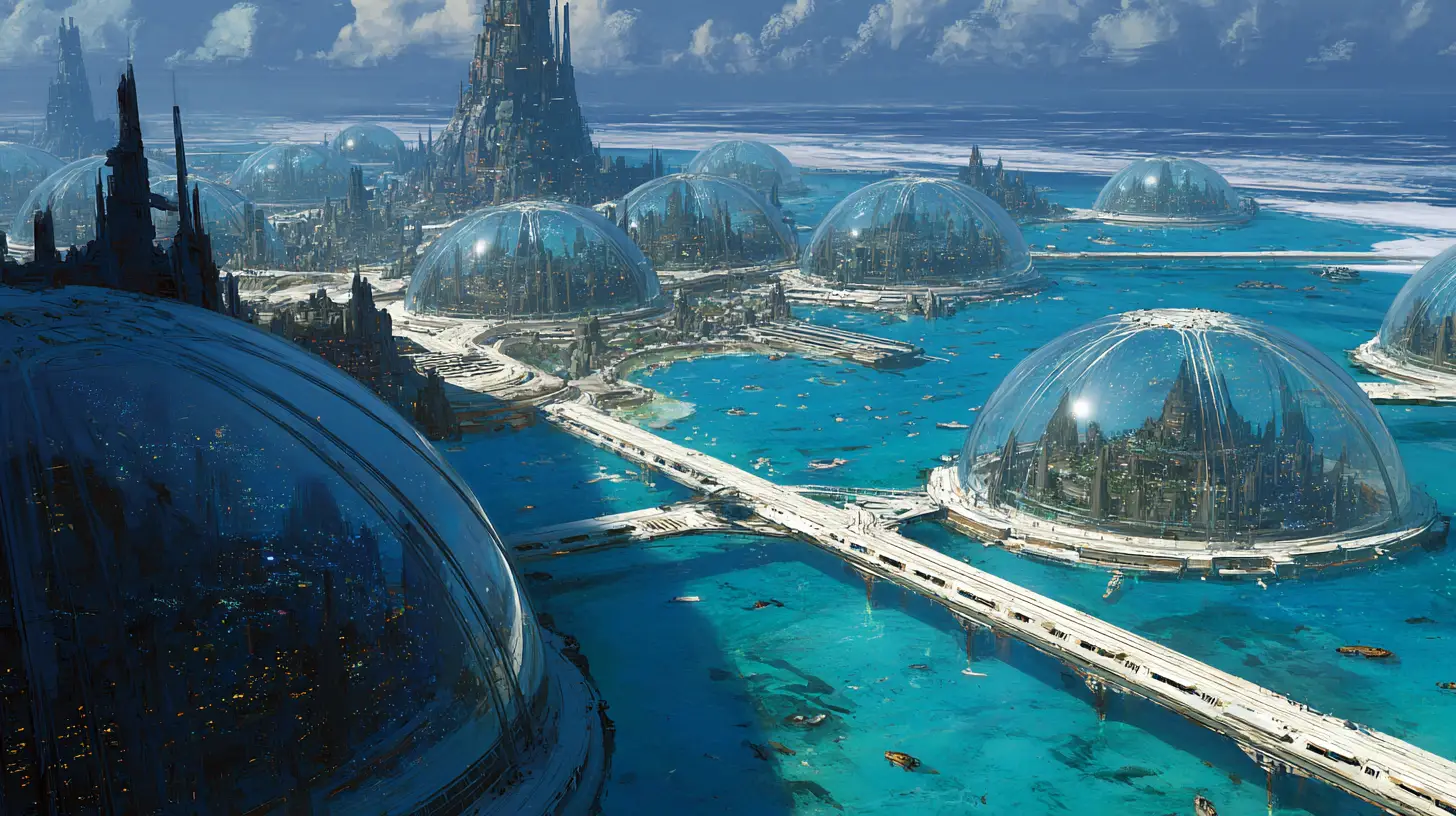 Futuristische Kuppelstadt auf einer riesigen außerirdischen Wasserwelt