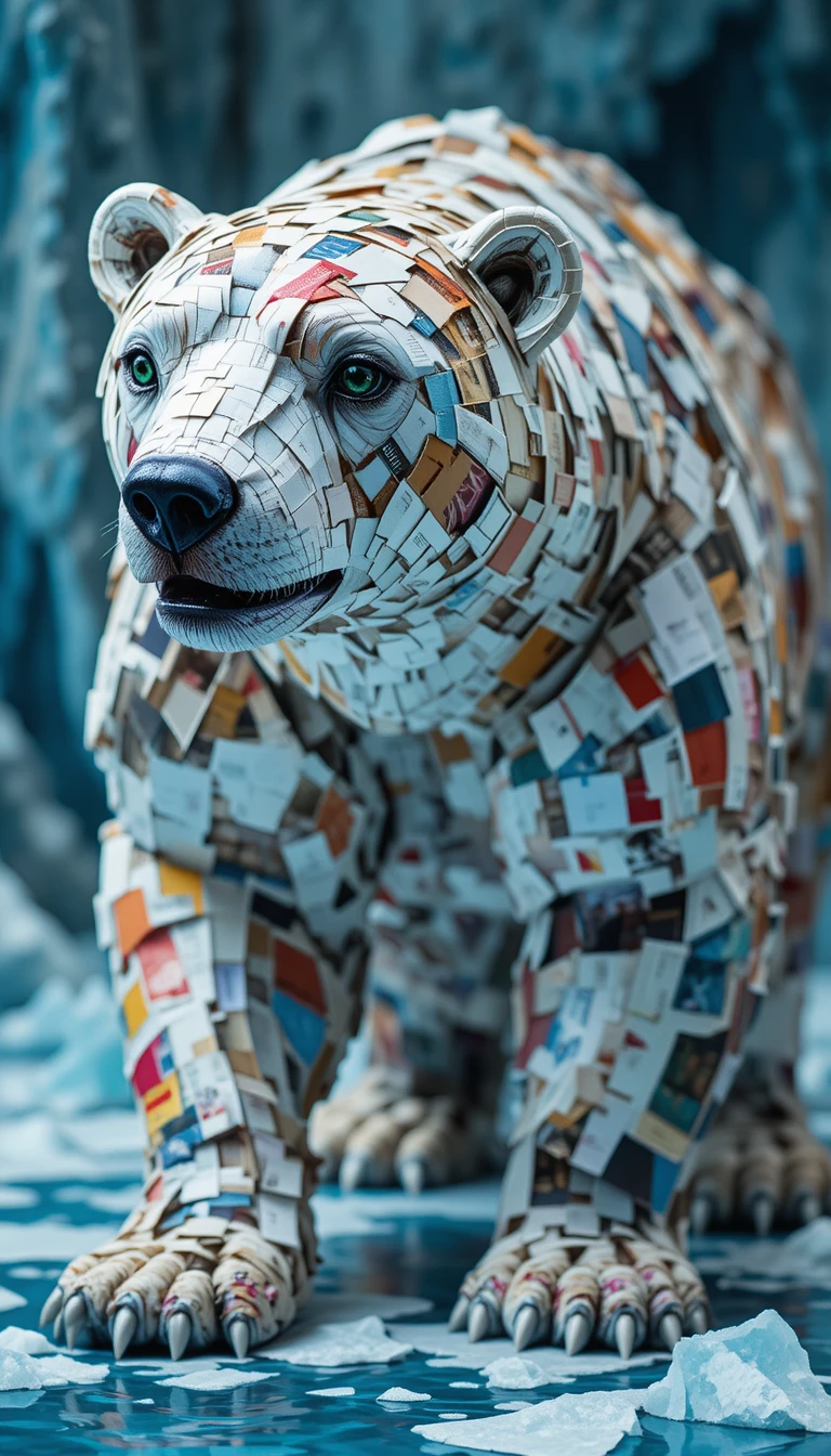 Collage en papier d’un ours polaire aux yeux émeraude en studio
