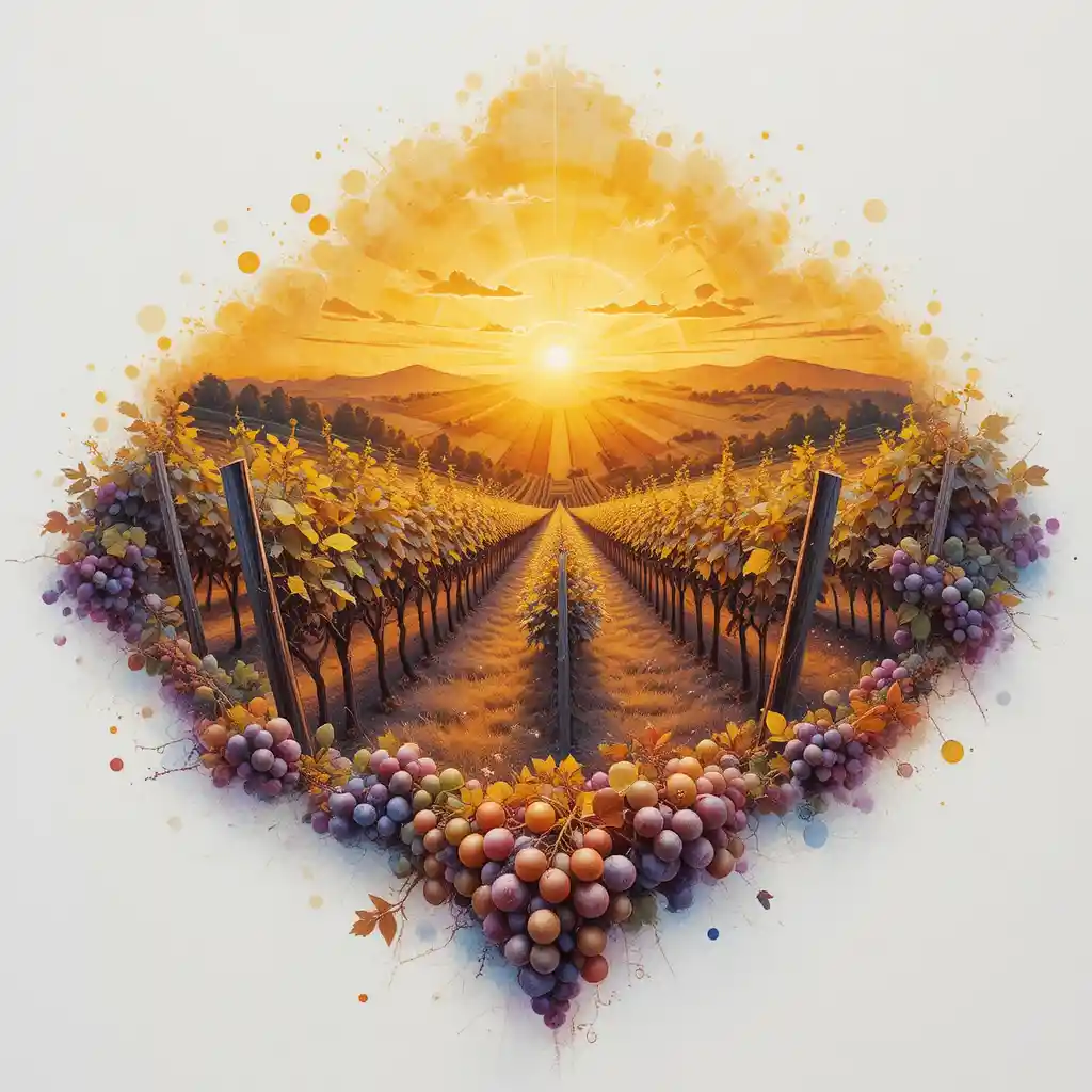 Surreal sunrise vineyard with glowing amber grapes