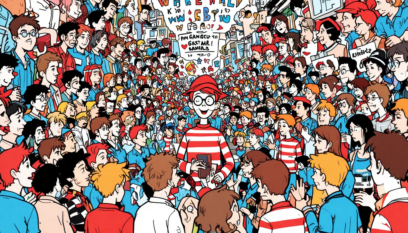 Geschäftige Cartoon-Menge in chaotischer Wimmelbild-Szene