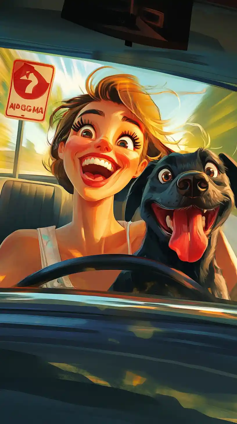 Cheerful woman driving with black dog in cartoon car