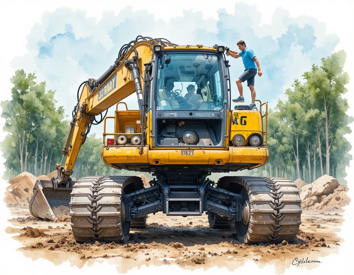 Grande escavatore giallo con operaio davanti in cantiere