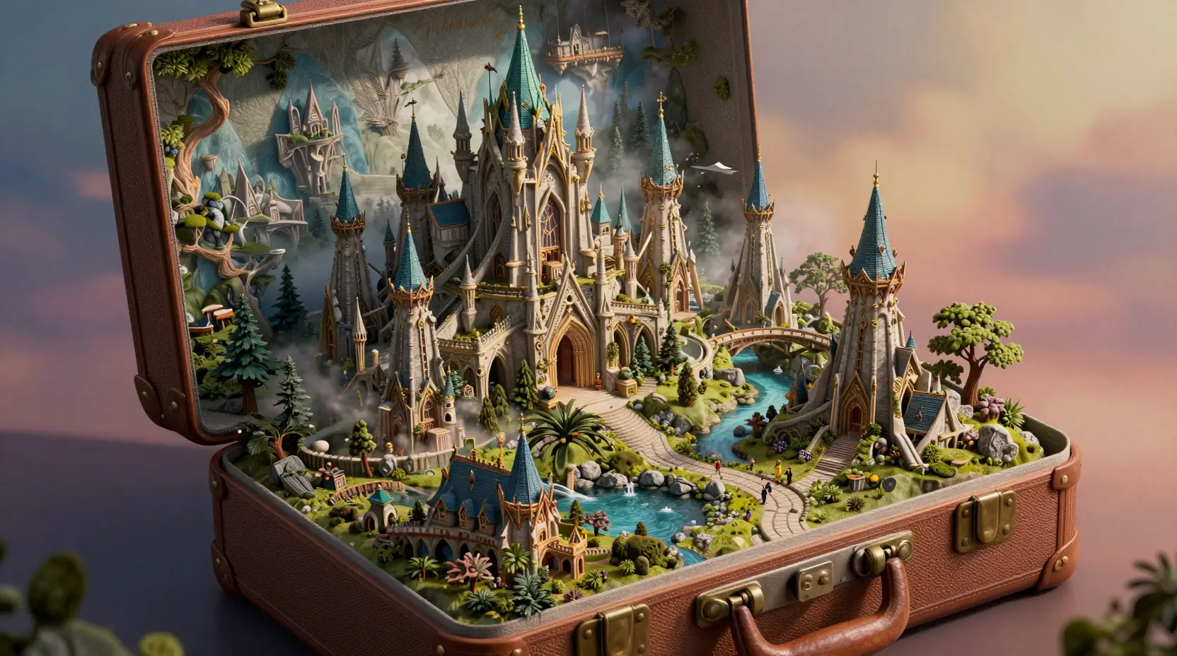 Valigia aperta che rivela una città fantasy in miniatura al suo interno