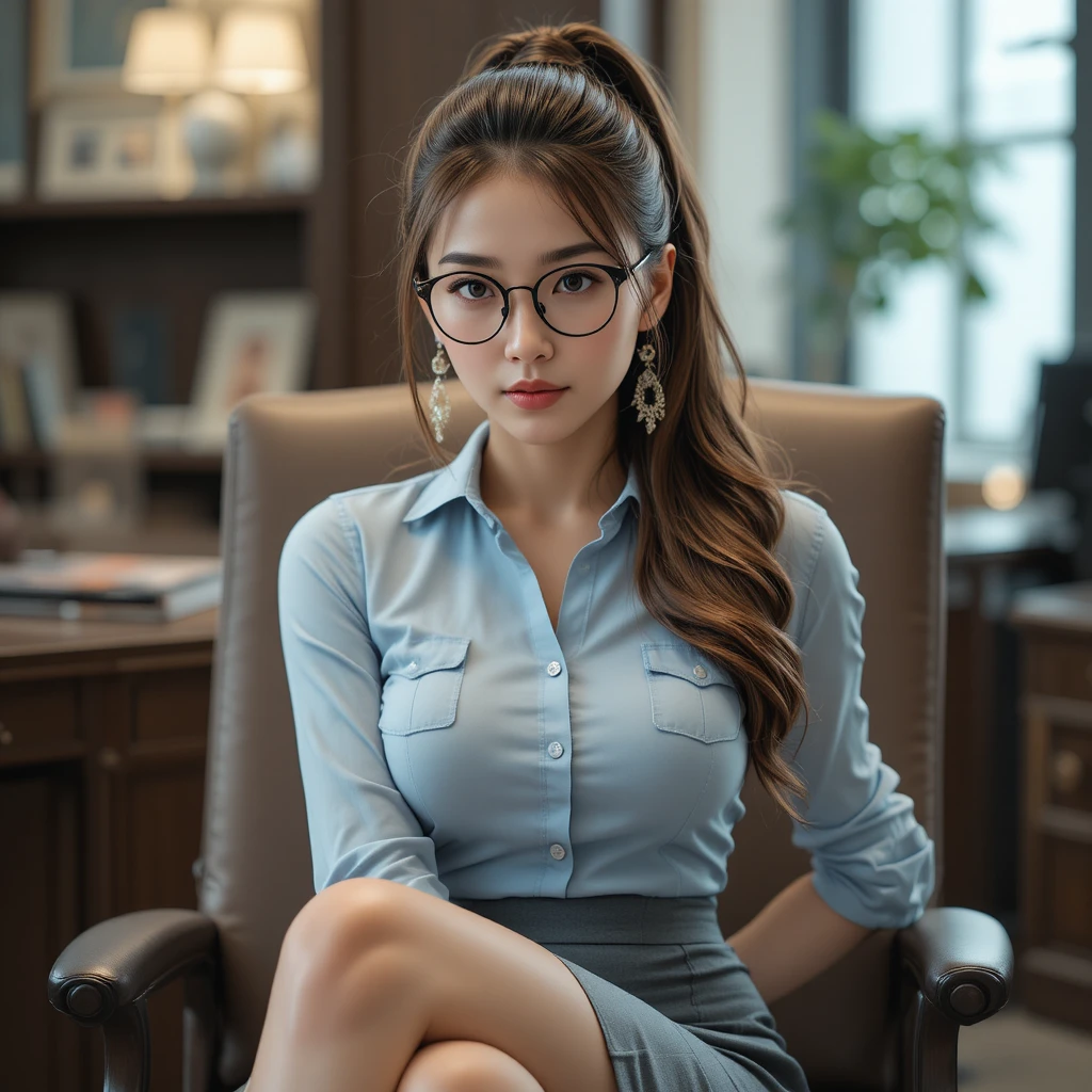 다리를 꼰 채 사무용 의자에 앉아 있는 우아한 여성