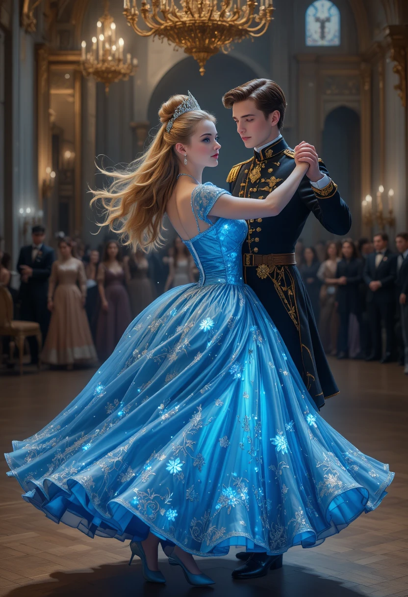 Jeune Cendrillon Valsant avec un Prince dans une Grande Salle de Bal