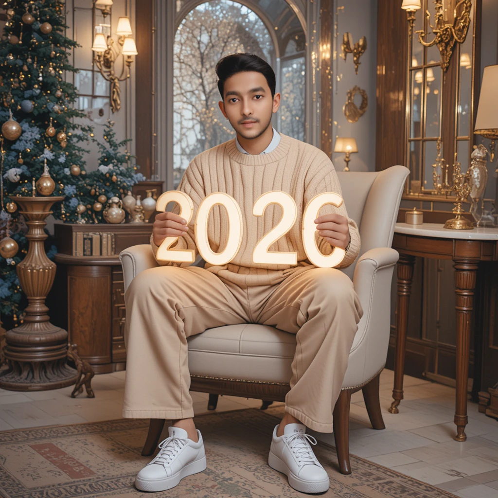 Homem segurando texto luminoso de 2026 em interior festivo e aconchegante