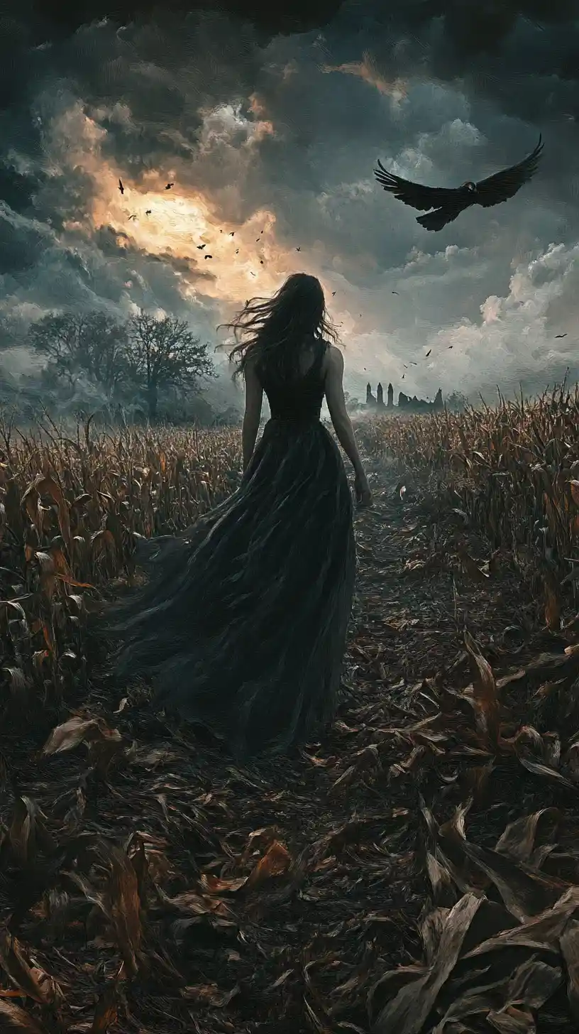 Gothic woman standing in an overgrown cornfield under dark sky