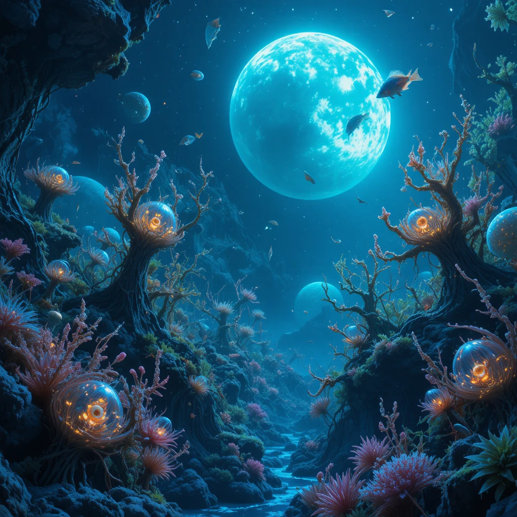 Oceano alienígena repleto de criaturas marinhas surreais e brilhantes