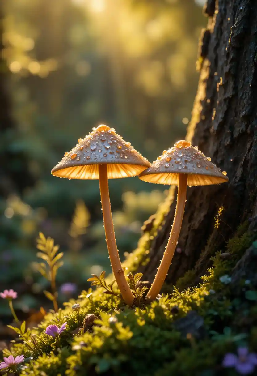 Champignons sauvages en contre‑jour avec rosée sur mousse émeraude