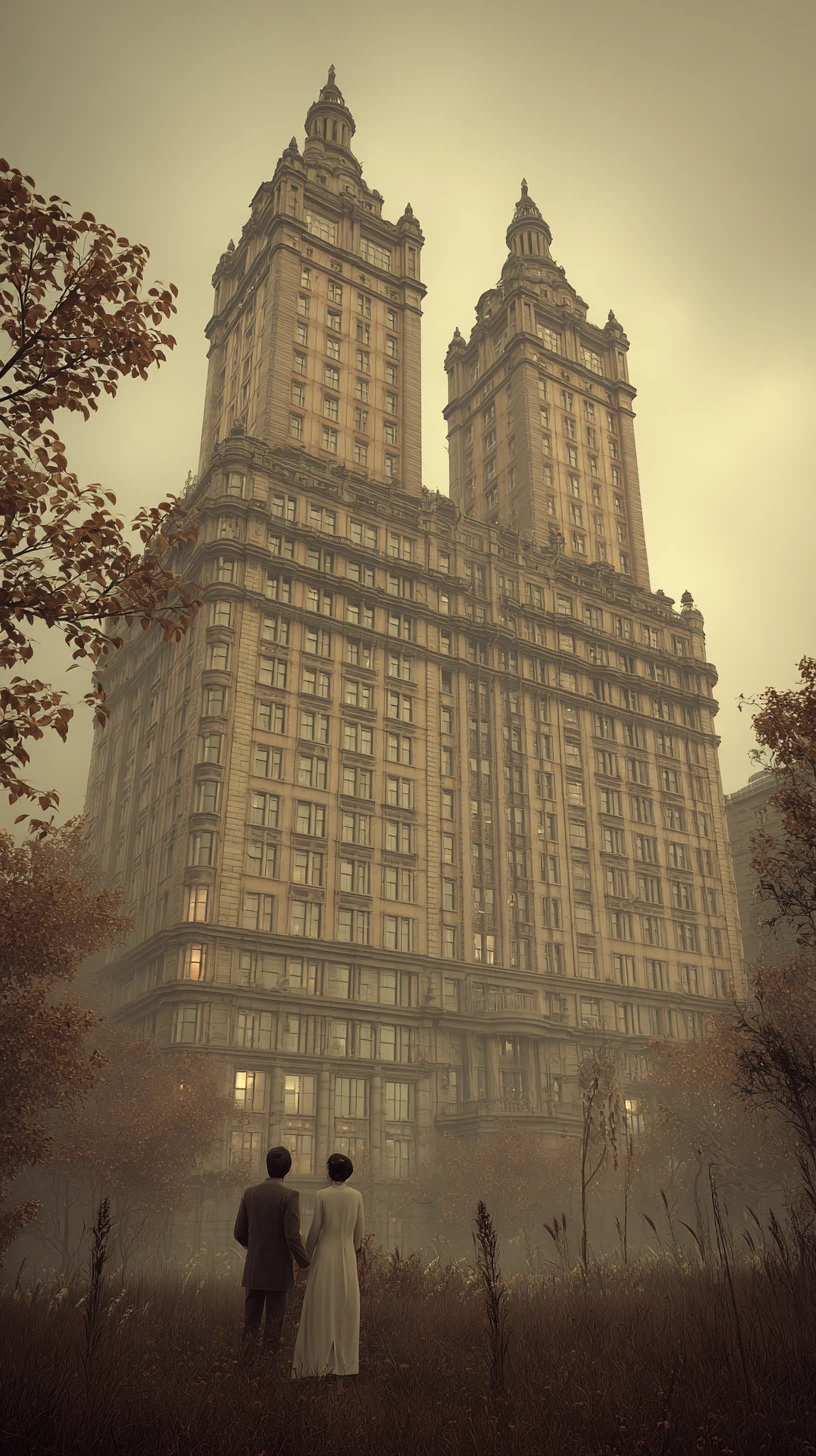 Paisagem urbana surreal e sombria de Nova York com tons bege retrô