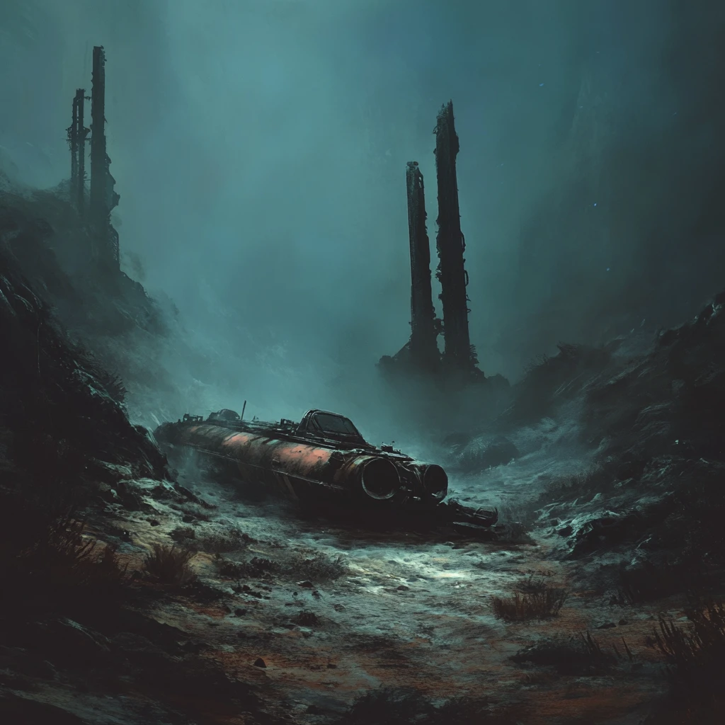Submersible Wreck Resting Beside Colossal Ocean Skeletons