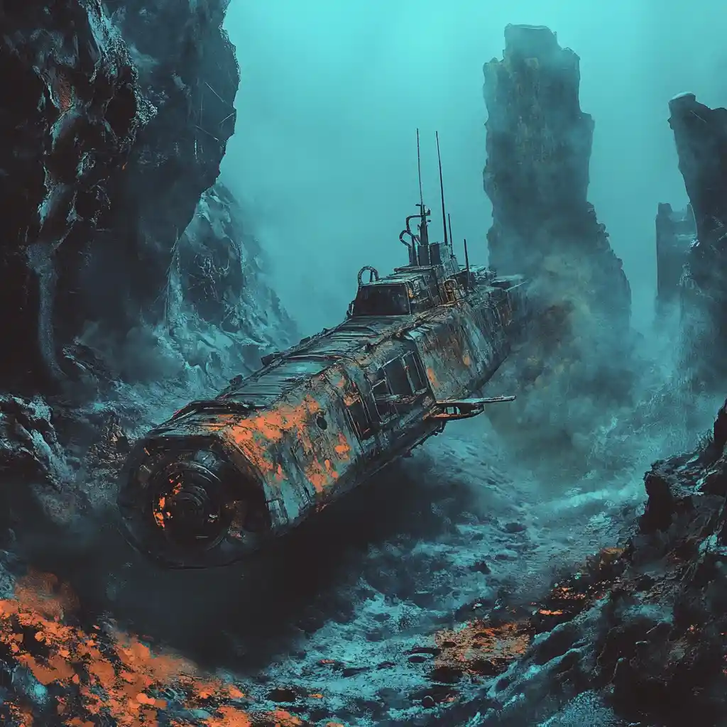 Submersible solitaire sur un sinistre fond marin squelettique