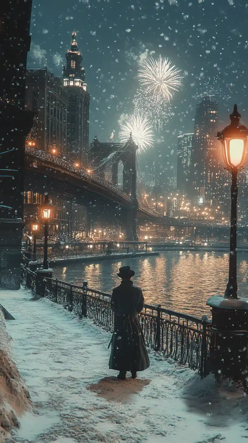 Woman on snowy riverbank under new year fireworks