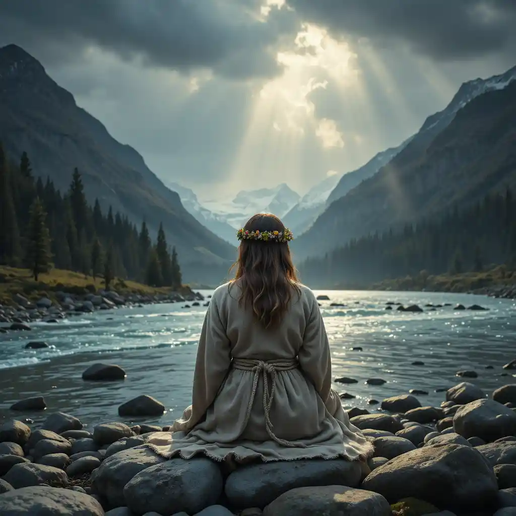 Woman in robes gazing over glacial river valley