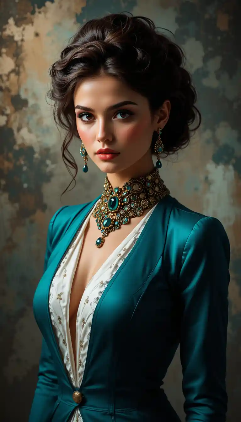Elegante mujer morena con atuendo turquesa y blanco y joyas doradas