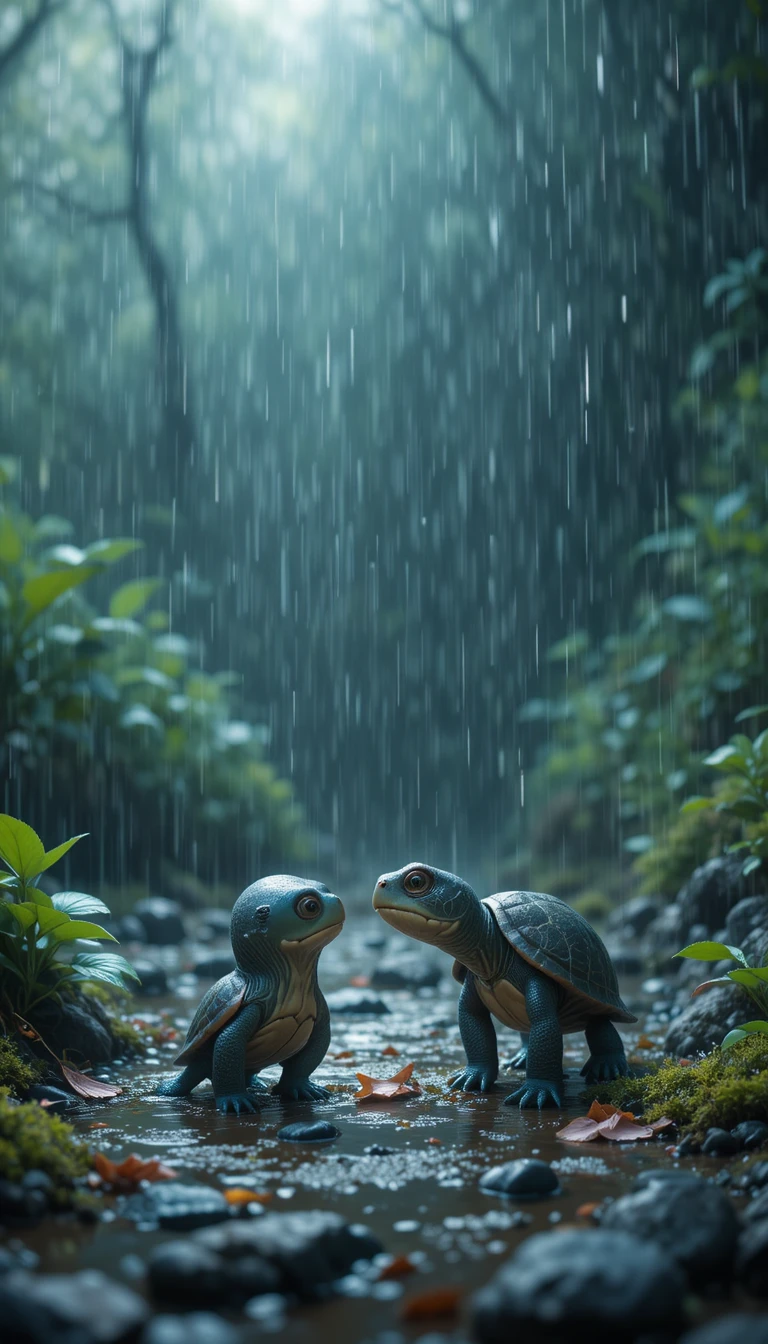 Zwei niedliche kleine Schildkröten stehen zusammen im Regen