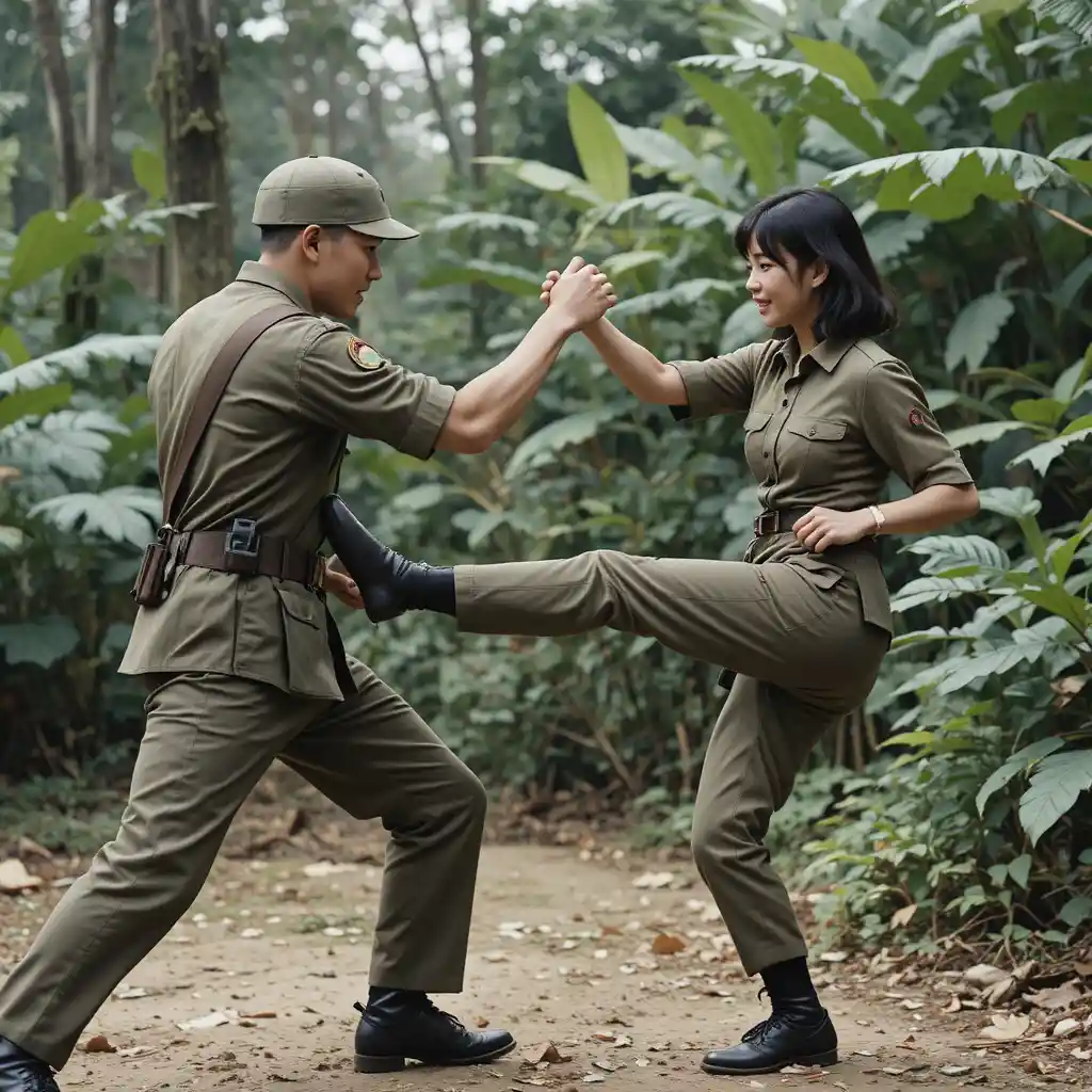 Combate cuerpo a cuerpo juguetón entre soldados vietnamitas en la jungla