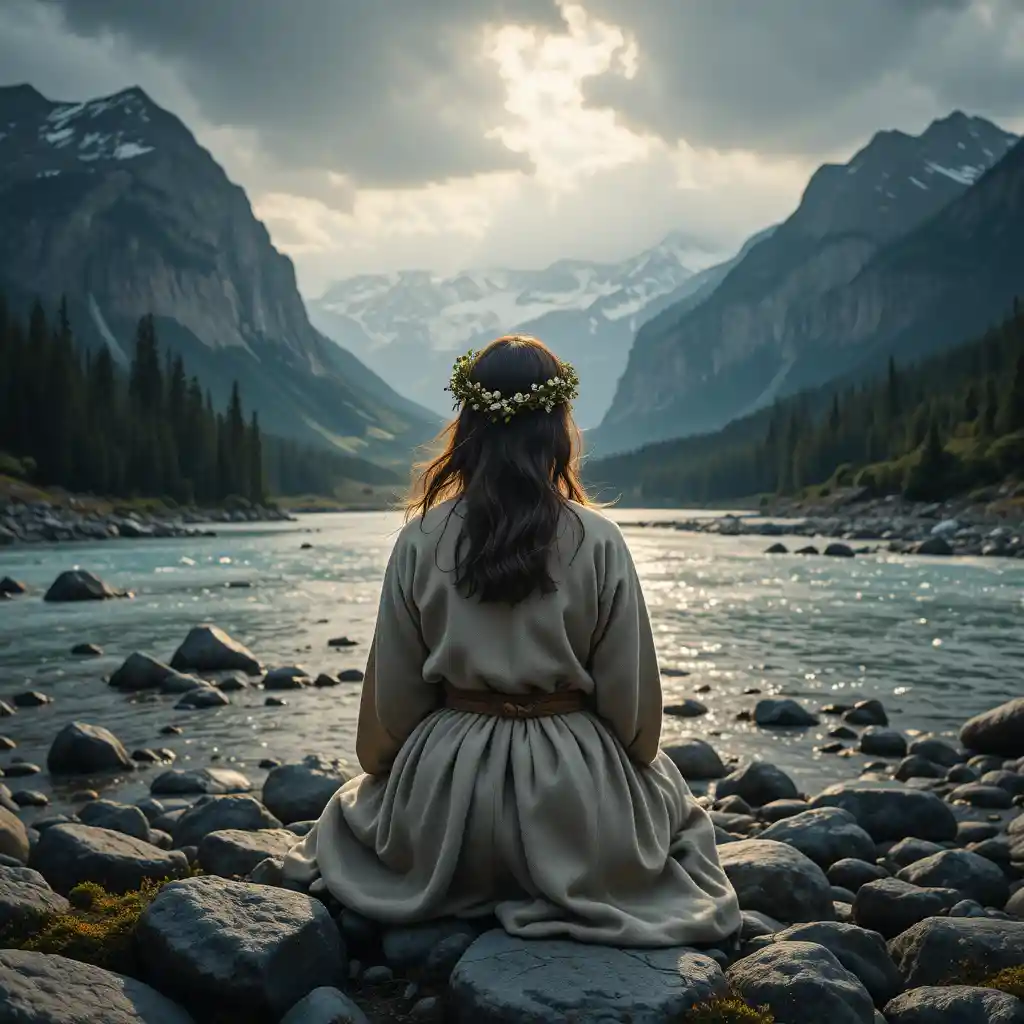 Solitary figure by a glacial river in misty alpine mountains
