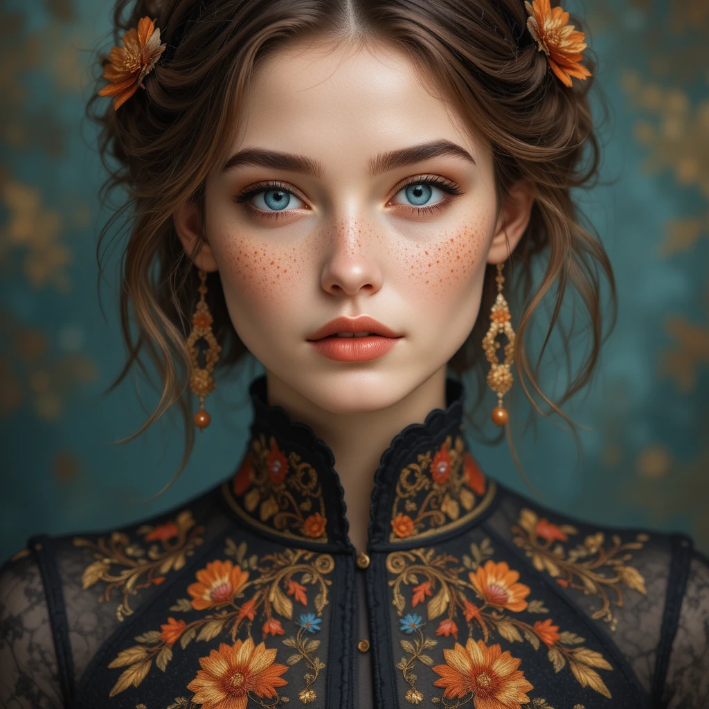 Serene close up portrait of freckled blue eyed girl