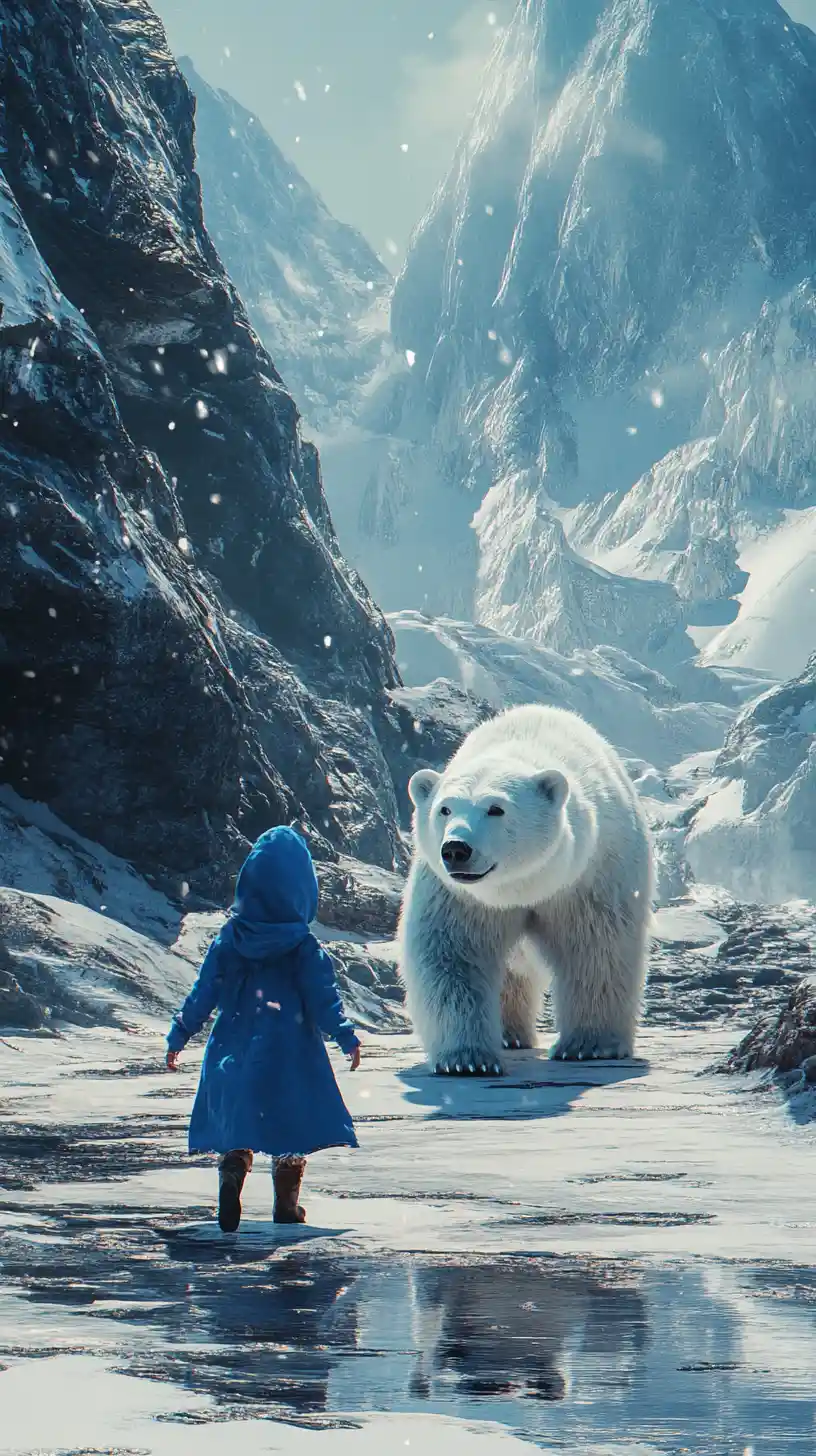 Fillette et ourson polaire dans la lumière neigeuse des montagnes