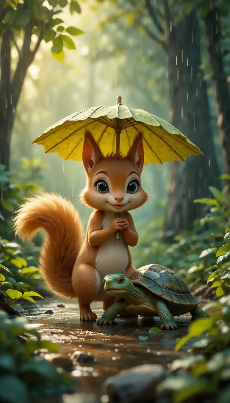 Cartoon squirrel and turtle sharing rain in a green forest